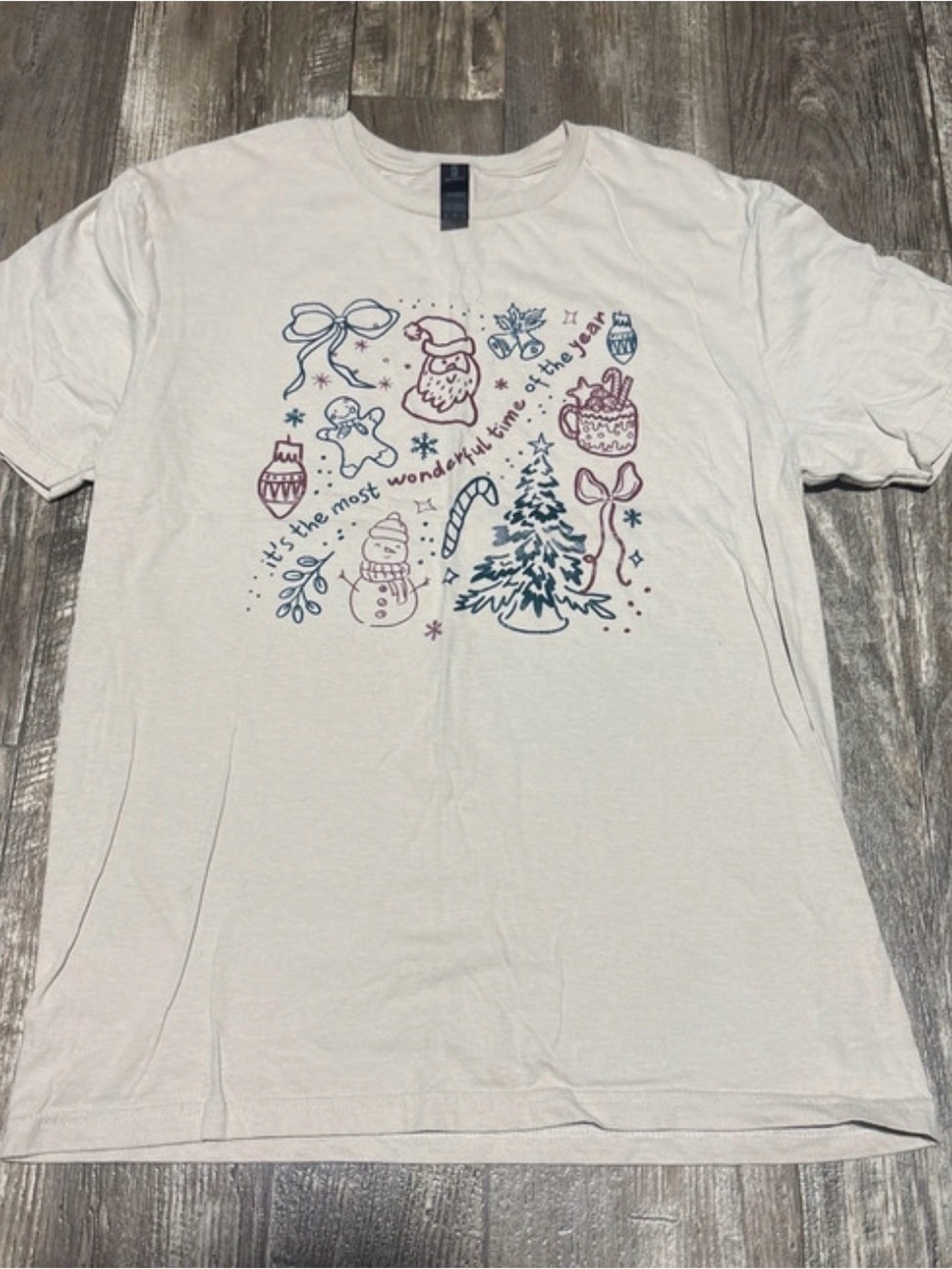 Gildan White Short Sleeve Holiday Graphic Tee with Blue and Purple Accents